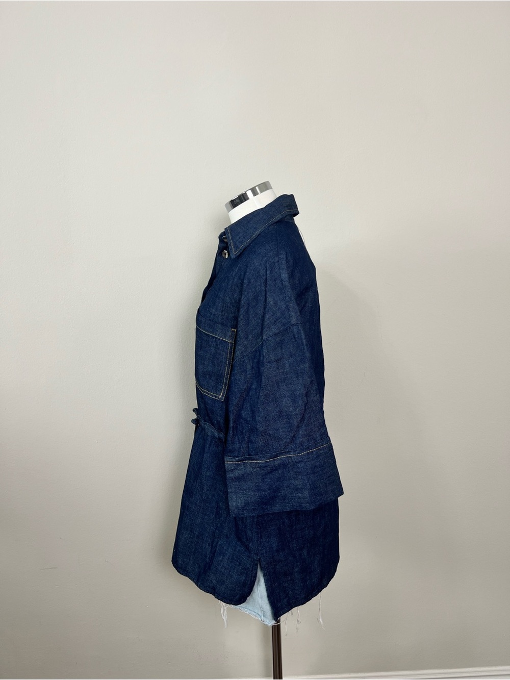 Zara Denim Button Front Blouse Drawstring Waist Cotton Linen Blend Size S NWT - Picture 8 of 10